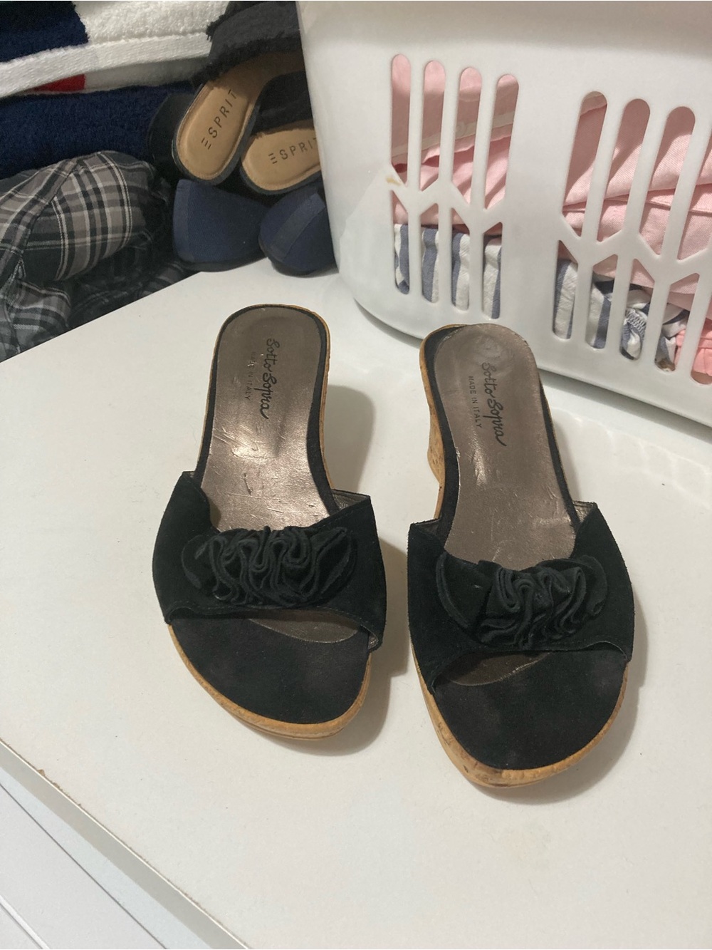 Black Slip-On Suede Mules with Ruffle Detail